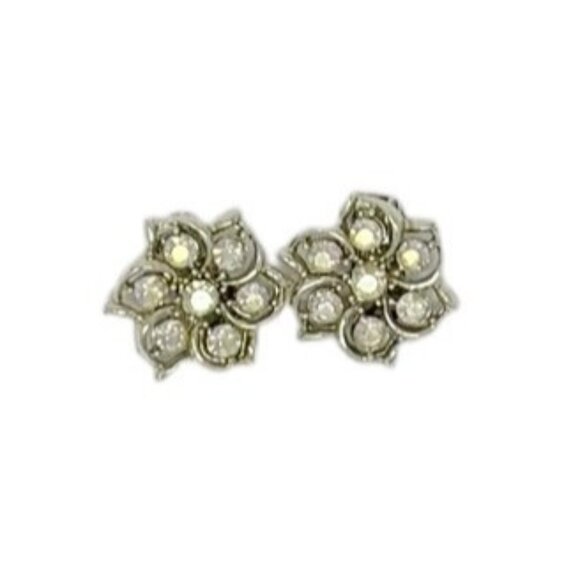 Vintage Silver-Tone Clip-On Flower Earrings With Clear Rhinestone Accents - Picture 3 of 7